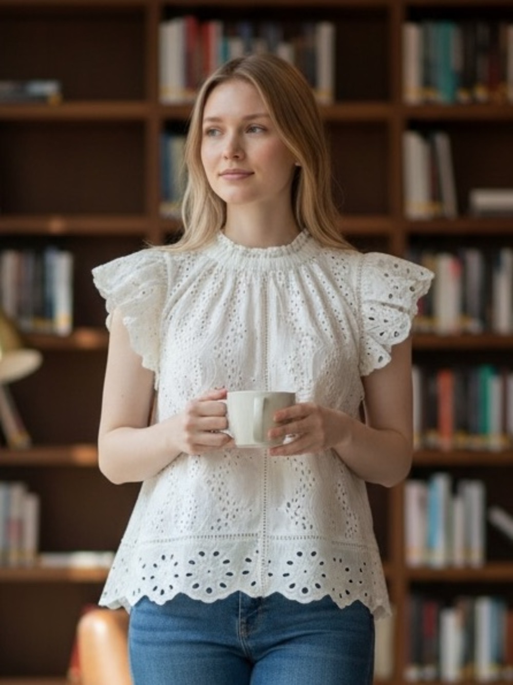 NWT Anthropologie White Eyelet Smocked Neck Flutter Sleeve Top